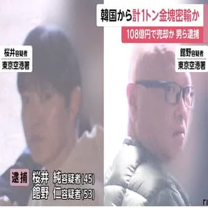 空港の忘れ物に金塊が!密輸発覚し男2人逮捕…日韓200回以上往復し金1トン密輸か?108億円で売りさばく