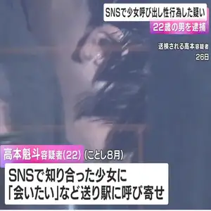 “高校２年”と偽りＳＮＳで少女呼び出し性行為した疑い　２２歳男を逮捕