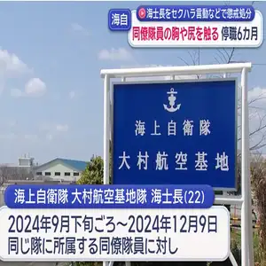 同僚隊員の胸や尻を複数回触った海士長（２２）を停職６カ月　海自・大村航空基地隊