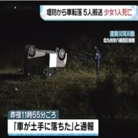 軽乗用車が遠賀川の堤防道路から河川敷に転落　10代男女5人を病院搬送　17歳少女が死亡
