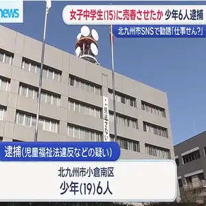 女子中学生（１５）に売春させたか　少年（１９）６人逮捕