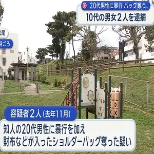 公園内で20代の男性に暴行を加え5万6000円相当が入ったショルダーバッグを奪った疑いで男女2人を逮捕　沖縄
